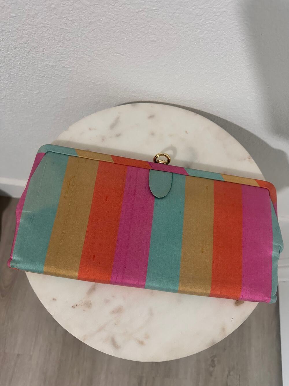 Vintage 1960s Striped Linen-Look Clutch Pink Aqua Gold Evening Bag w Mirror
